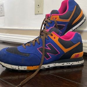 Men’s Newbalance 574 classic size 13  blue suede with neon pink and orange trim
